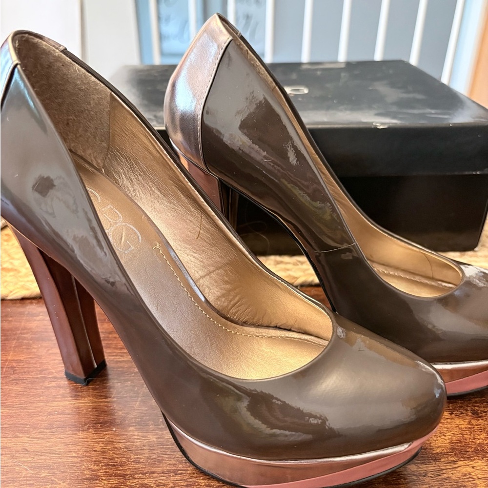 BCBG Paris Brown Patent Platform Pumps with Rose Gold Accents